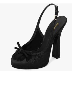 Wansseny Black Round Toe Bowknot Slingback Platform Slip on Chunky Heels Pumps